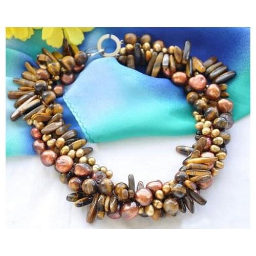 4strands NATURE tigers-eye coffee baroque freshwater pearl necklace 18inch