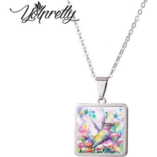 2021 hummingbirds and Flower Square Stainless Steel Necklace Glass Cabochon Pendants Necklace Jewelry