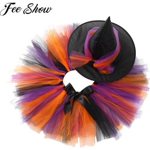 Kids Girls Colorful Mesh Tutu Skirt with Pointed Hat Children Halloween Witch Costume Carnival Cosplay Party Fancy Dress Up