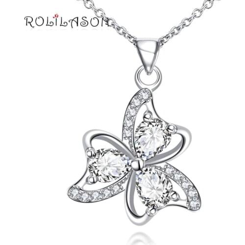 ROLILASON Flower Plants Special gift Cubic Zirconia White Crystal Fashion silver color Necklace Pendant Jewelry LNS669