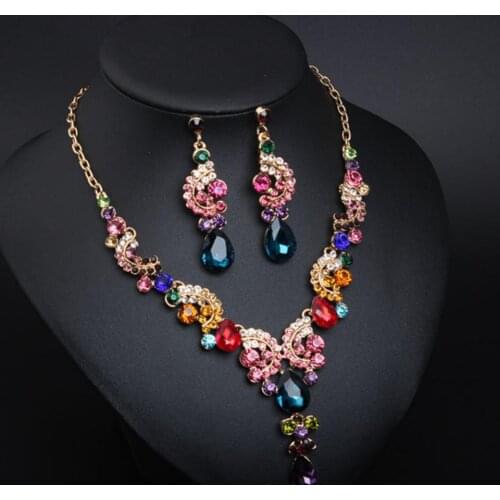 Luxury Women Rhinestone Pendant Chain Necklace Stud Earrings Wedding Jewelry Set Accessories conjuntos de joias ювелирные наборы