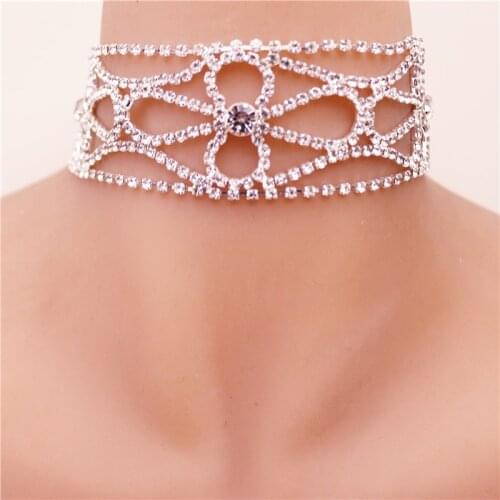 Luxury Punk Flower Crystal Rhinestone Choker Collar Women Gold Silver Color Necklace Statement Wedding Chocker Jewelry Gift