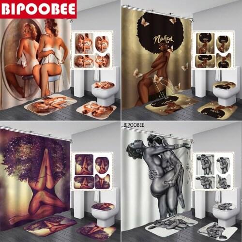 Bathing Sexy Girl Fabric Shower Curtain African American Women Bathroom Curtains Non-Slip Rugs Toilet Lid Cover Mat Carpet Sets