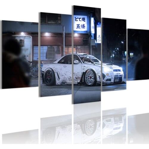 Vintage White Car 5 Panels Canvas Painting HD Poster Wall Art Print Picture for Living Room Interior Home Decoration Frame