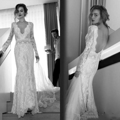 Vintage Mermaid Boho Wedding Dresses 2021 Full Lace V Neck Long Sleeve Beach Backless Bohemian Bridal Gowns Floor Length