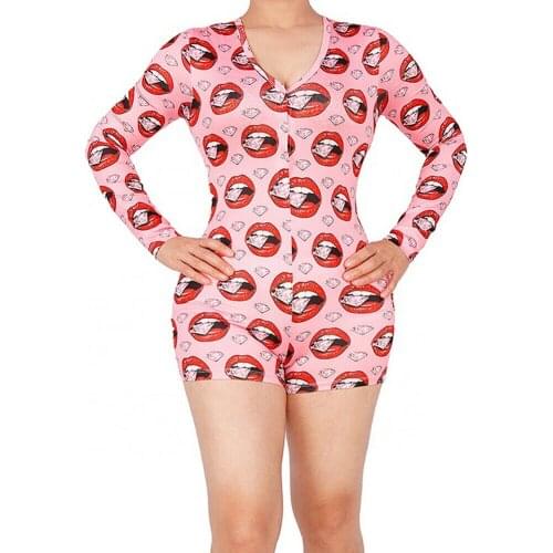 Women Sexy Playsuit Lady Girls Deep V-neck Printed Bodycon Slim Rompers Fashion Long Sleeve Romper Sleepwear Leotard Fruit Print