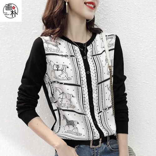 Printed chiffon stitching knitted cardigan womens 2020 autumn new loose round neck single-breasted top tide