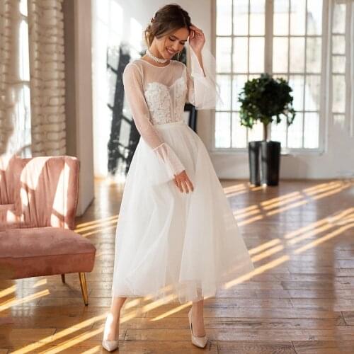 Scoop AppSee Through Top Open V-Back Long Sleeve Tulle A-Line Tea-Length Boho Wedding Dresses 2021 Bridal Gown Vestidos De Novia