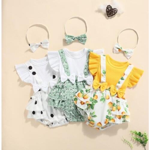 2Pcs Sweet Baby Girls Outfit Toddlers Summer Floral/Lemon/Dot Printing Fly Sleeve Splicing Romper Bow Headwear Babys Sets