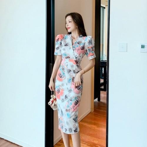 2020 Elegant Printed Sexy Deep V Knee-Length Dress for Women Summer Feamle OL Work Office Dresses Party Dress Plus size Vestidos