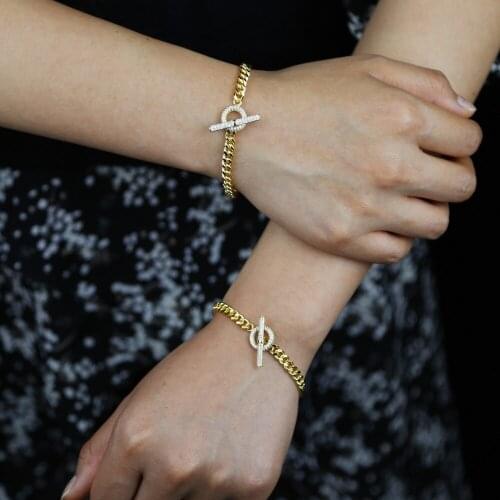 2021 New Trendy Iced Out Hip Top Cubic Zircon Geometric Box Chain Circle Bar OT Buckle Link Chain Bangle Bracelets Women Jewelry