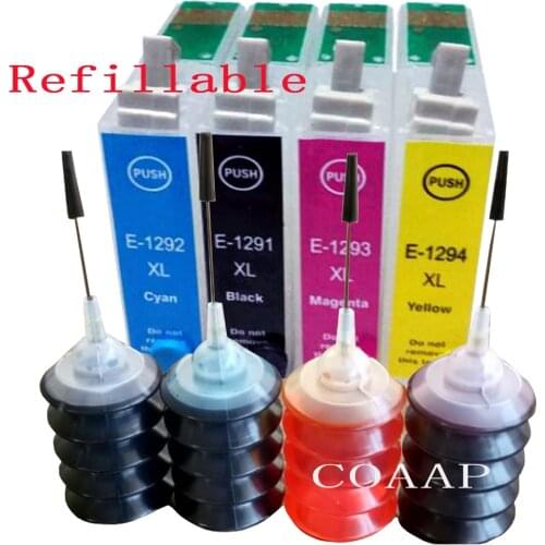 4Pack Refillable T1291 - T1294 Empty cartridge + 120ML Dye ink for WorkForce WF-3010DW WF-3520DWF WF-3530DTWF WF-3540DTWF