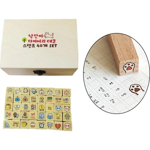 40pcs DIY Cartoon Stamp Diary Craft Ablum Wedding Invitation Cards Wooden Cute Cat Stamp Set with Vintage Box for Kids Adults