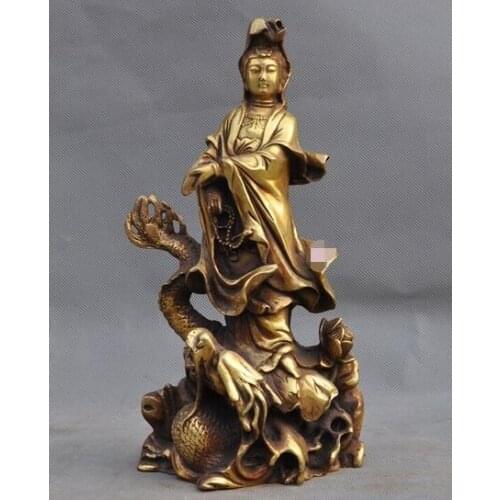 9"Old Chinese Buddhism Temple Bronze gilt Dragon Guanyin Kwan-yin Quanyin Statue