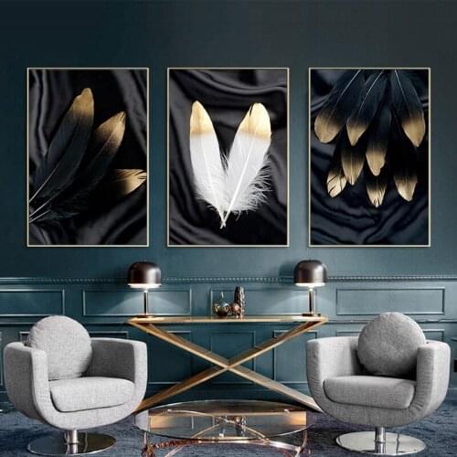 Black White Golden Feather Abstract Canvas Painting Art Abstract Print Poster Anime Retro Picture Wall Living Room Home Decora