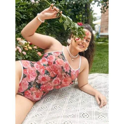 Bodysuit one-piece black round neck underwear hot erotic teddy bear bodysuit sexy ladies floral lace sexy costume XL 1XL-4XL