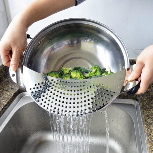 Pot Side Funnel Strainer Stainless Steel Leakproof Vegetable Rice Wash Water Filter Pan Basket Baffle Drainer Home Kitchen