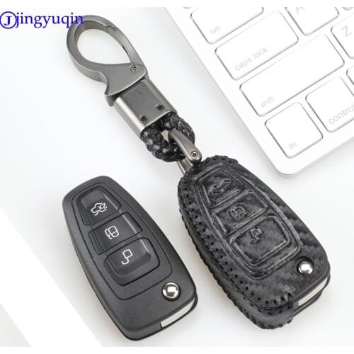 Jingyuqin For Ford Ranger C-Max S-Max Focus Galaxy Mondeo Transit Tourneo Custom 3b Carbon Leather Car Key Case Cover Shell