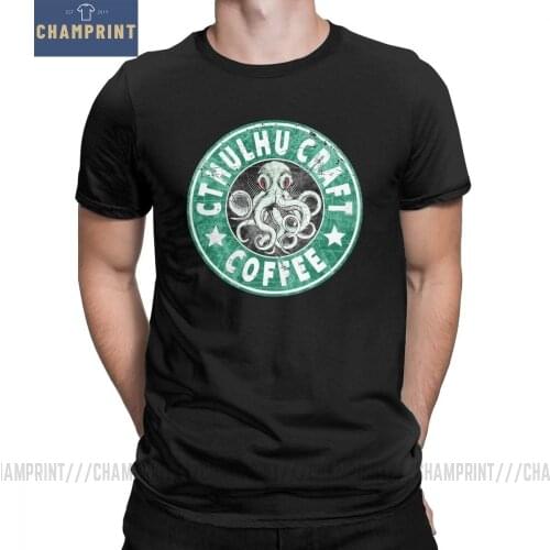 Mens Cthulhu Craft Coffee T-Shirts Cuthlhu Lovecraft Funky Crewneck Short Sleeved Tops Pure Cotton Tees Street T Shirt 4X 5X