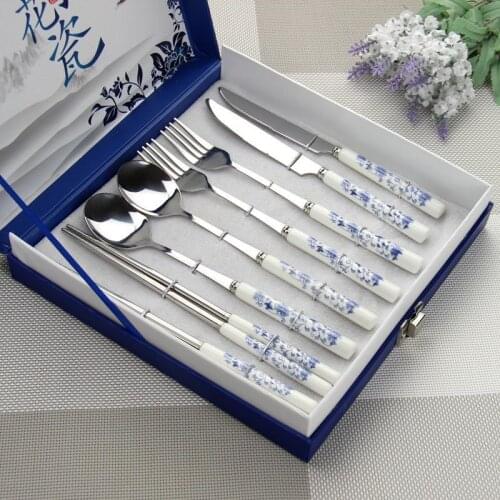 Chinese Blue and White Porcelain Tableware set. Fork Spoons Chopsticks knife