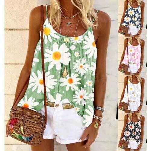 Sexy O Neck Flower Print Tank Tops Women 2021 Summer Boho Beach Spaghetti Strap Loose Casual Top Femme Tanks Camis Plus Size 5xl