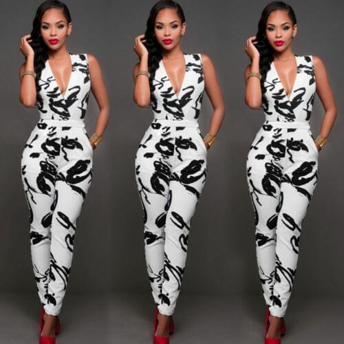 New Summer Women Black And White Tie-dye Deep V Jumpsuit Ladies Clubwear Playsuit Bodycon Party Trousers