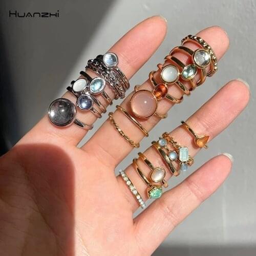 New Set Vintage Colorful Stone Metallic Chain Geometry Hit Rings Rhinestone Set for Women Girls Party Jewelry HUANZHI 2021