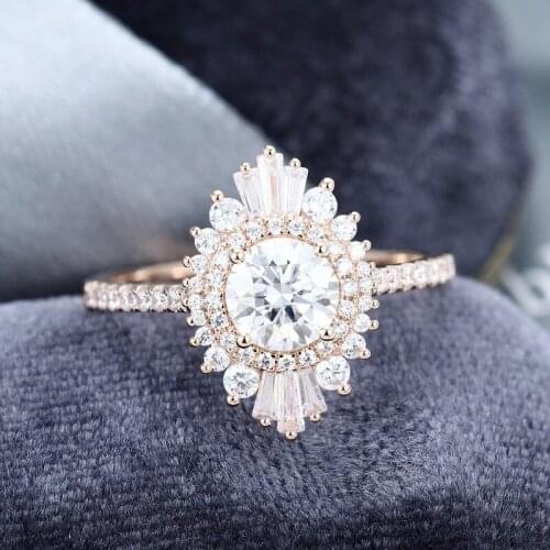 EDI Solid 585 14k Rose Gold Diamond Halo Engagement Ring 1ct Round Brilliant Lab Grown Moissanites Art Deco Wedding Ring