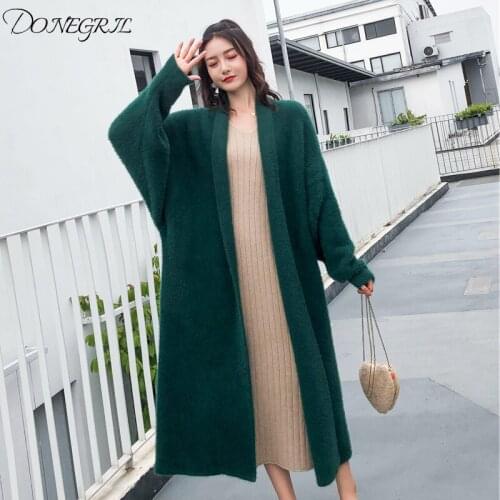 Autumn Winter Women Soft Cashmere Mink Long Sweater Fashion Loose Casual Oversized Cardigan Thick Warm Jacket Wool Knitted Coat