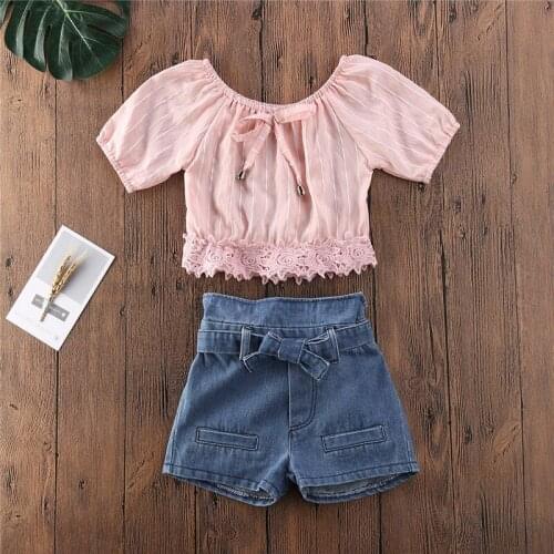 1-5Y Kids Clothes Set Toddler Girls Outfit Summer Short Sleeve Stripe Lace Top+Shorts Jeans Children Clothing Set 2pcs 2020