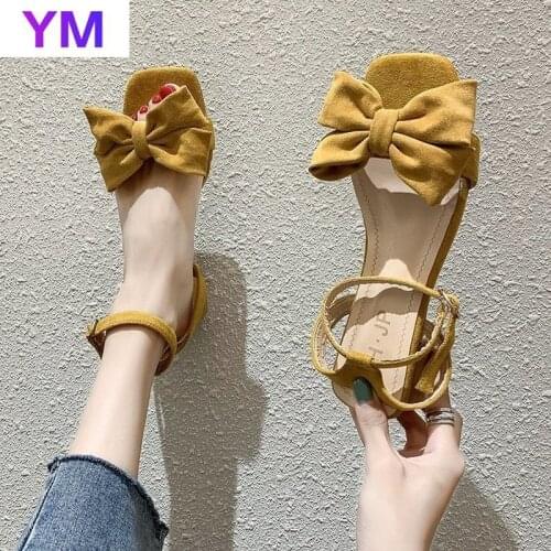 Sandals Women Summer 2021 Korean Wild Fashion Roman Shoes Black Bowknot Word Buckle High Heels Ankle Strap Square Heel Casual