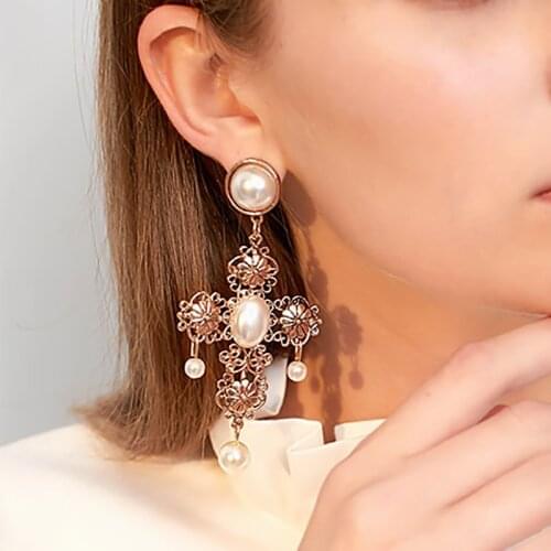 Vintage Pearl Gold Cross Earring Sweet Metal With Gems Statement Dangle Earrings For Women Party Wedding Accessories Brincos