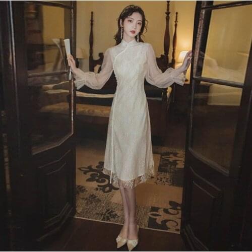 Spring Women Dress Casual Elegant A-line Chinese Buckle Lace Dresses Puff Sleeve Knee-length Cheongsam Qipao Dresses Champagne