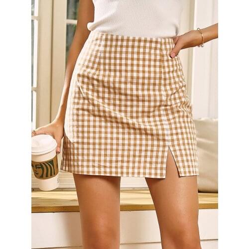 Women Fashion Plaid Printing Split Skirt Summer Female Sexy Elegant High Waist A-Line Slim Mini Skirts Streetwear
