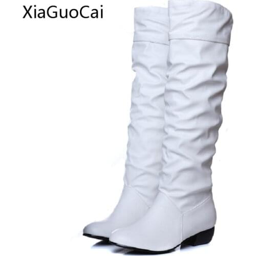 Size 34-43 White Womens Thigh High Boots Thick Heels Rubber Boots Top Leather Sexy Female Boots Women Long Boots X991 35
