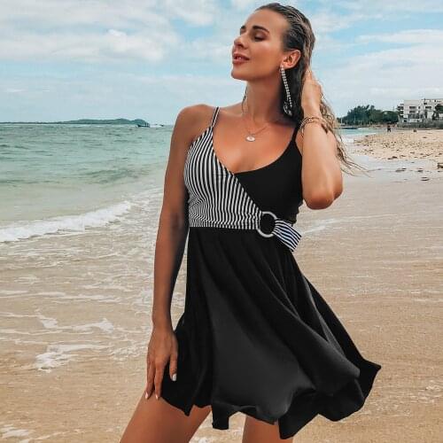 2 Pieces Bodysuit Printed Skirt Swimsuit with chest pad Split Swimwear Women V Neck bikini Stripe Plus Size Beach Wear