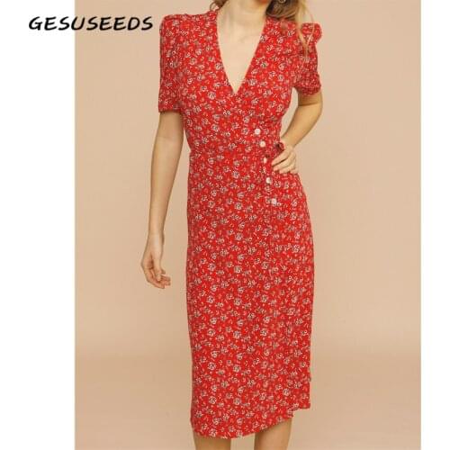 Summer floral print dress women vintage short sleeve dresses elegant v neck midi dress lace up wrap dress red party dresses new