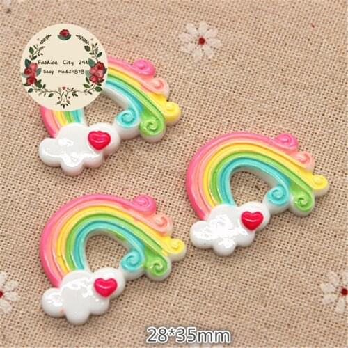 10pcs Cute Resin Pink Rainbow Heart Cloud Flatback Cabochon DIY Hair Bow Center Decoration,28*35mm