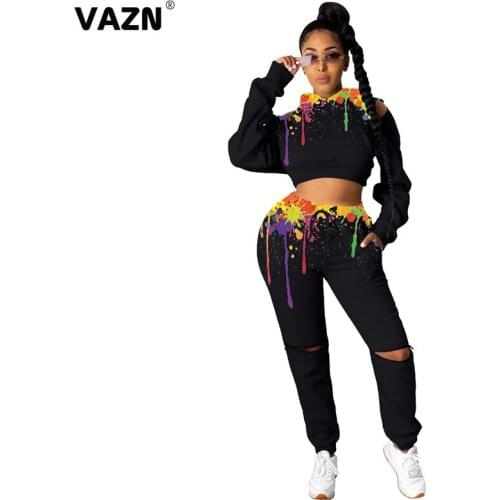VAZN 2020 High Street Hip Pop Girl Solid Crop Top Set Gym Clothing Sport Suit Women Full Sleeve Tracksuit