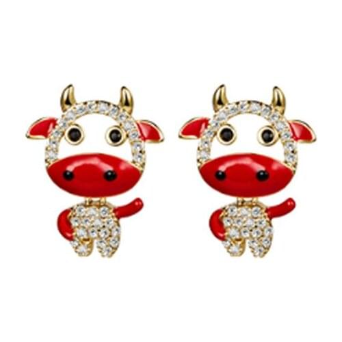 2021 Fashion Jewelry Gold Plated Cute Enamel Red Crystal Cattle Earrings Boucle oreille Femme Small Animal Earrings For Women