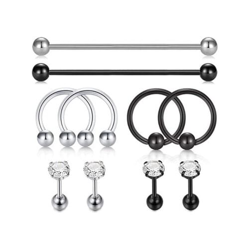 8pcs/set Stainless Steel Industrial Barbell Earrings Screw Ear Cartilage Tragus Helix-Conch Body Piercing Jewelry 14G