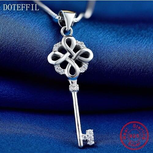 925 Silver Key Necklace Women Luxury Charm 100% Sterling Silver Pendant Necklace High Quality Zircon Jewelry