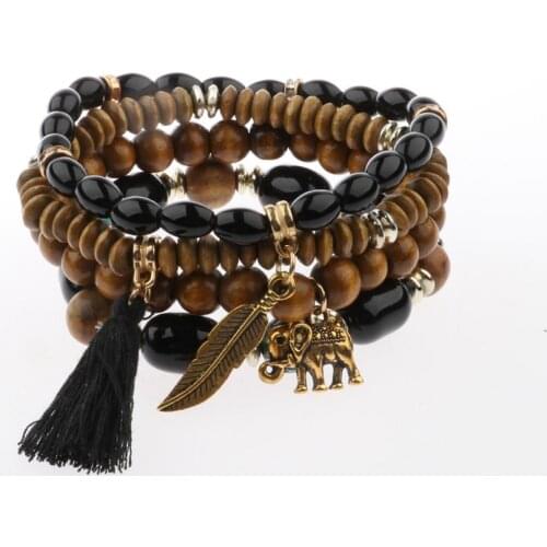 Wood Charm Bracelet For Women Bracelet Set 4Pcs/Lot Tassel&Elephant Shape Bohemia Bracelets Bangles Femme HXB039