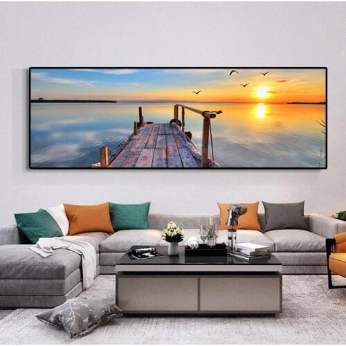 Wooden Bridge Sunset Seagull Natural Scenery Canvas Painting Wall Painting Poster Picture Bedroom Living Room Home Decor Mural
