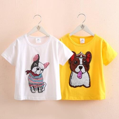 Baby Sequined Puppy Short-Sleeved T-shirt 2021 Summer New Girls' Clothing Childrens round Neck Top
