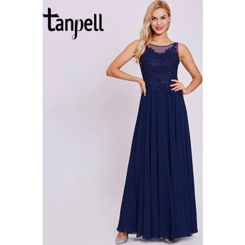 Tanpell long formal evening dress dark royal blue sleeveless floor length a line gown women scoop lace appliques evening dresses