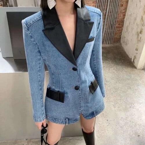 PU Patchwork Denim Blazer Women Clothing Fashion Cotton Vintage Suit Jacket Blue Female Coat Denim Jacket Women Jeans Blazers