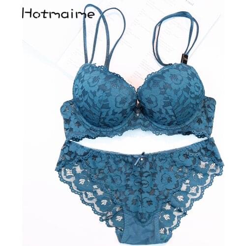 Young girl fashion sexy lace embroidery luxury underwear double breasted thickening push up bra set