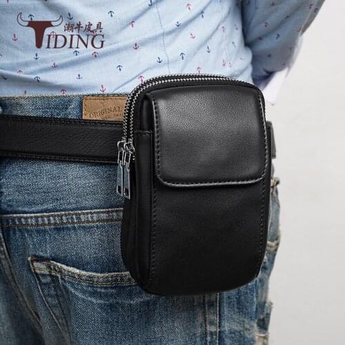 Men Mini Waist Packs Bag Black Genuine Leather Man Travel Casual Mini Mobile Waist Bags Cow Leather Male Outdoor Bag