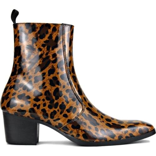 Men Chelsea Ankle Boots Genuine Goat Leather Leopard Boot with Side Zipper Heel Boots designer footwear Fashion Color Brown